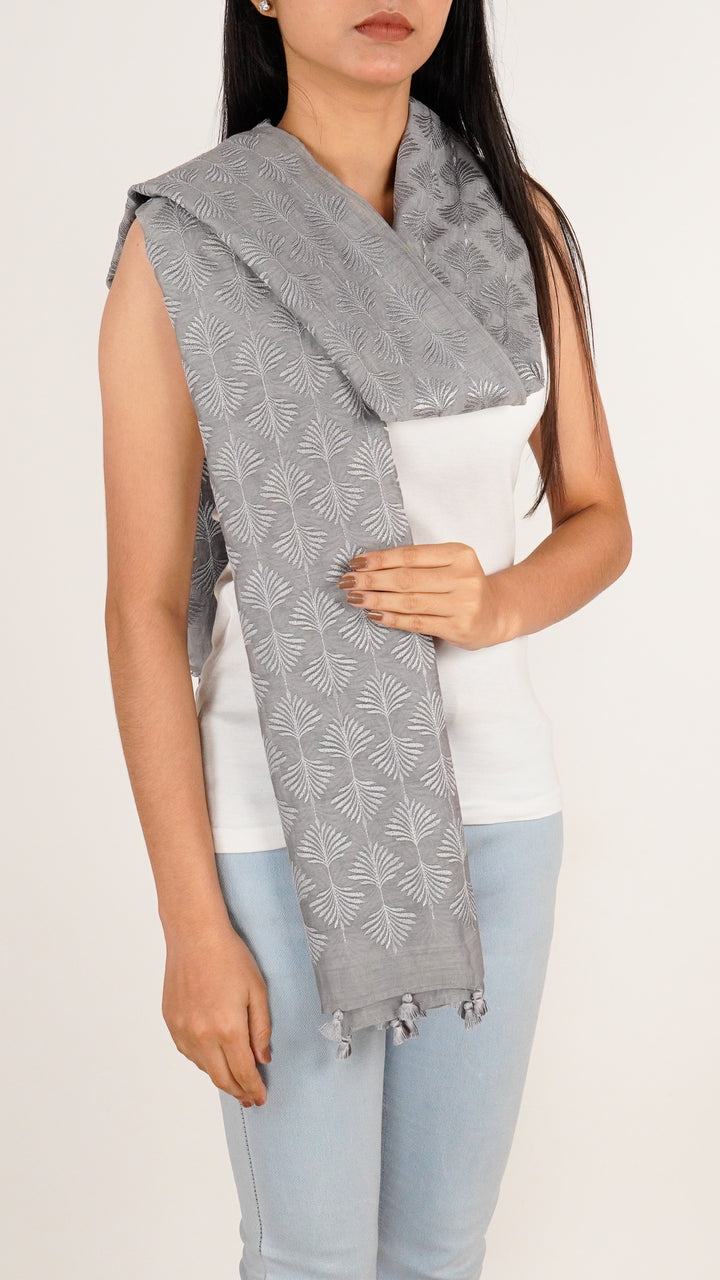 Zoey Embroidered Stole on Steel Grey Cotton Silk