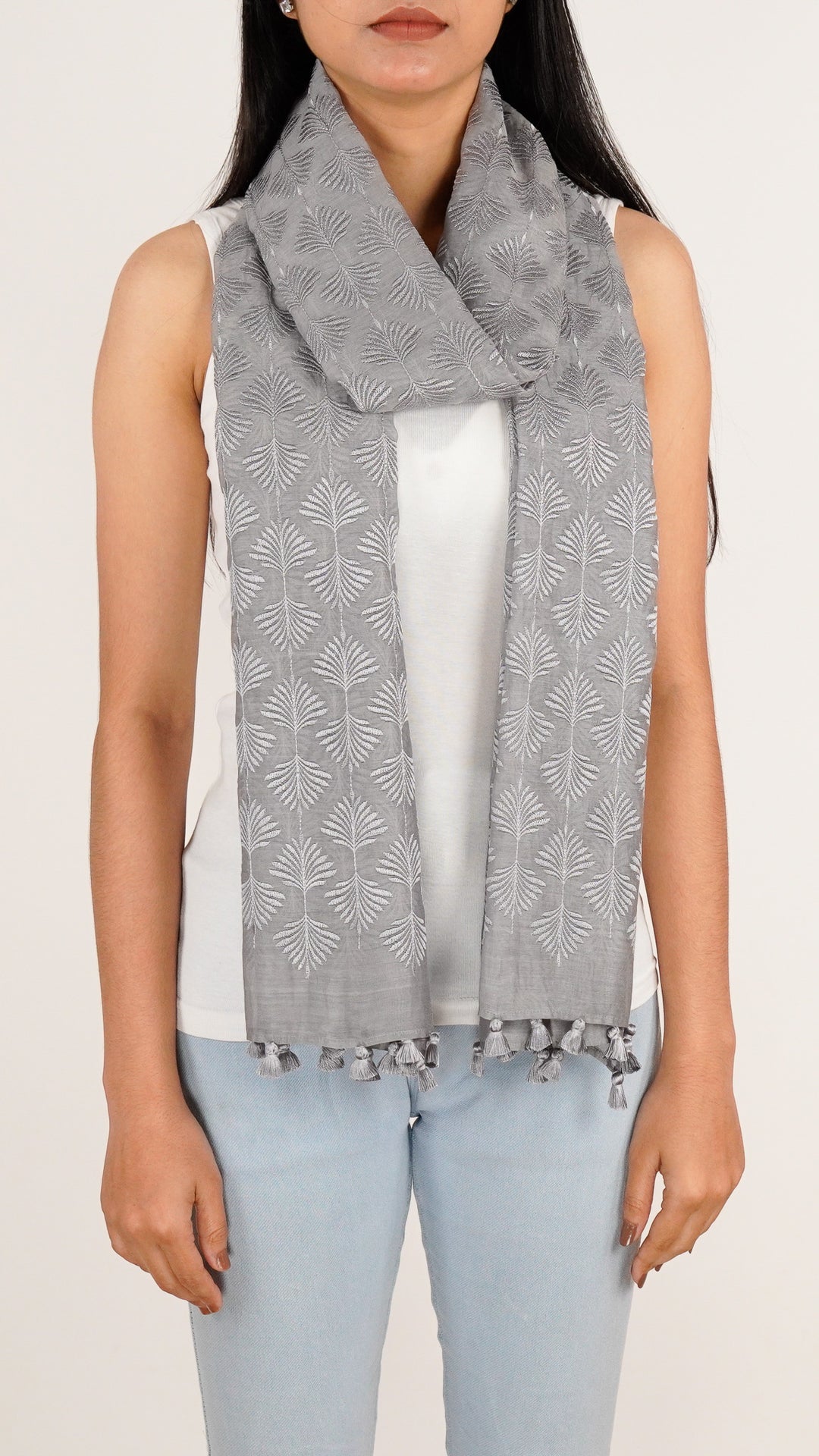 Zoey Embroidered Stole on Steel Grey Cotton Silk