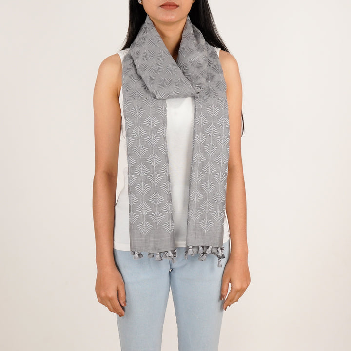 Zoey Embroidered Stole on Steel Grey Cotton Silk