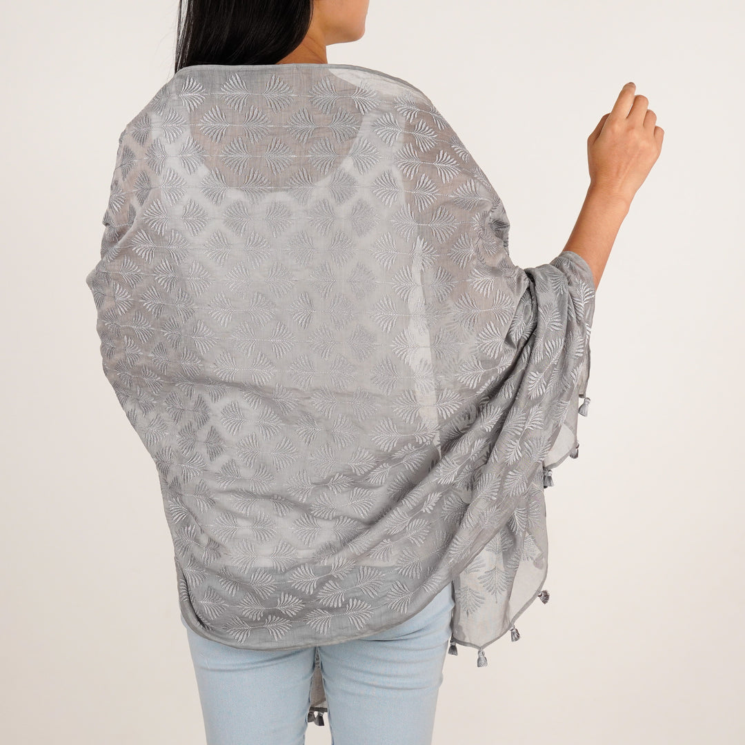 Zoey Embroidered Stole on Steel Grey Cotton Silk