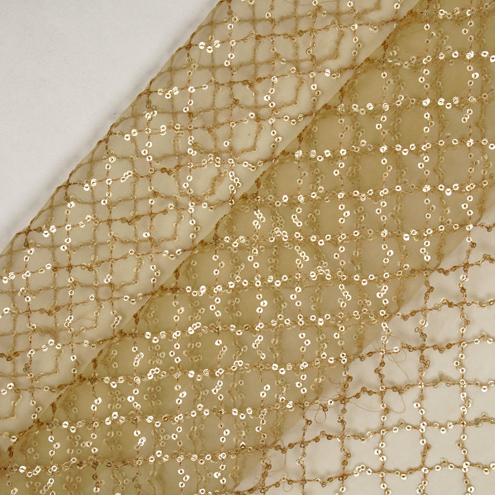 Gehena Sequins Jaal on Beige Silk Organza Embroidered Fabric