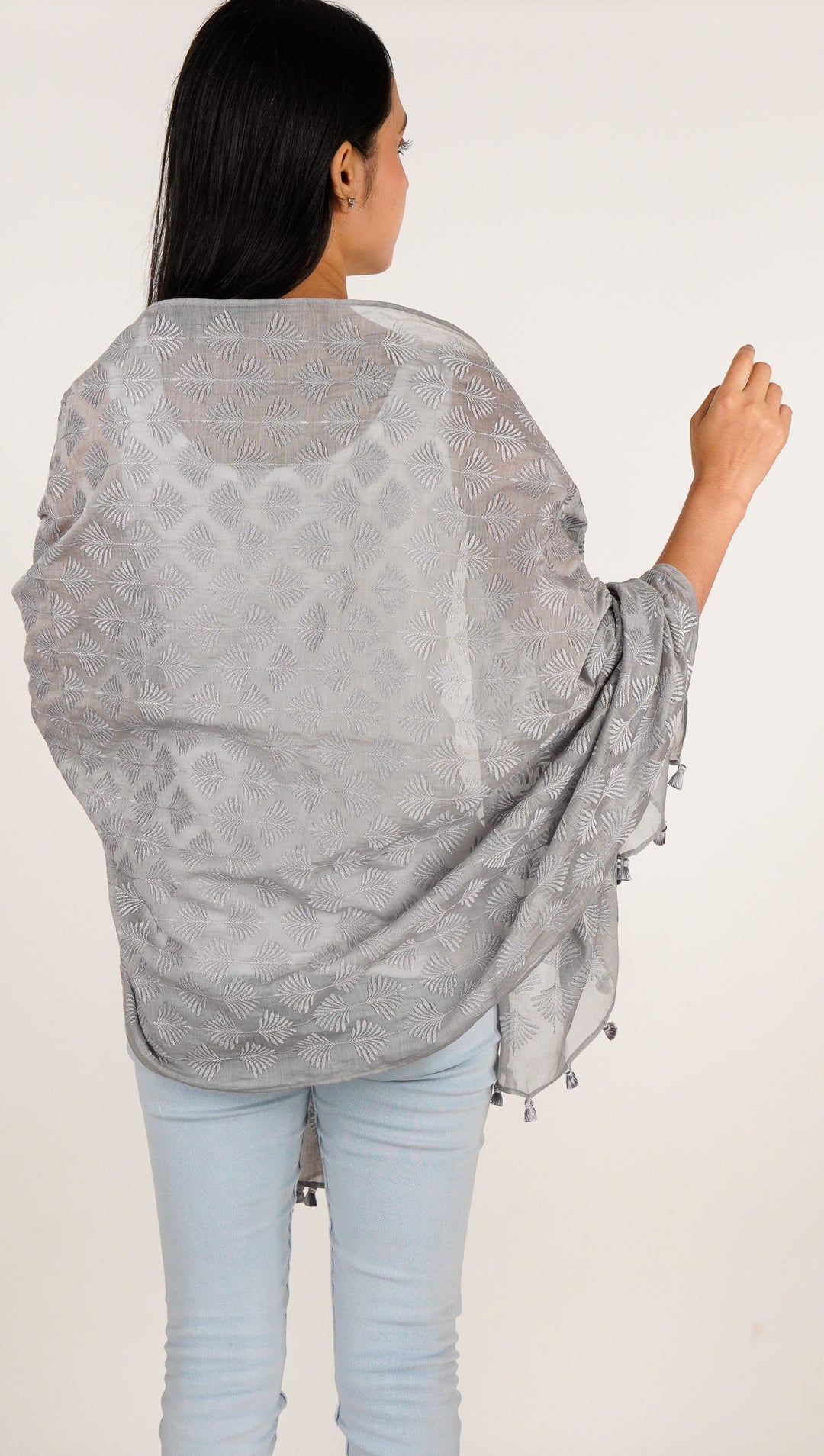 Zoey Embroidered Stole on Steel Grey Cotton Silk