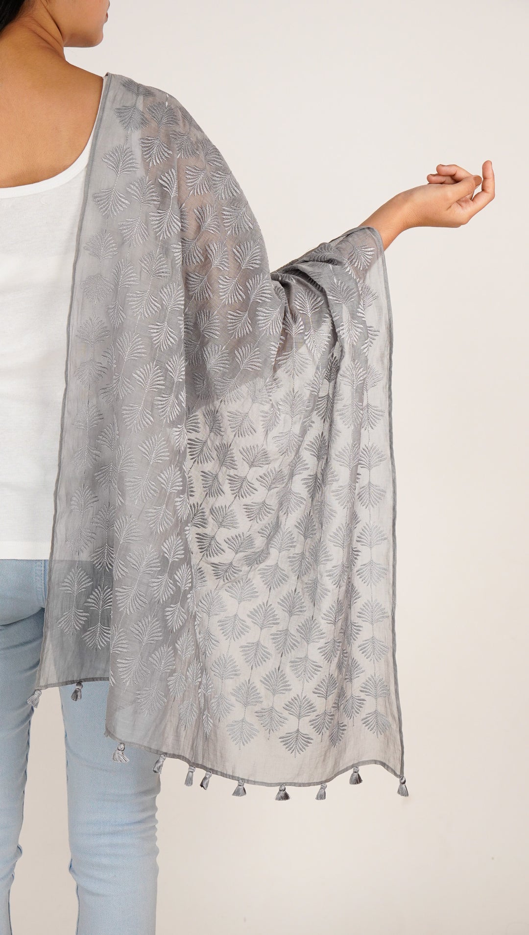 Zoey Embroidered Stole on Steel Grey Cotton Silk