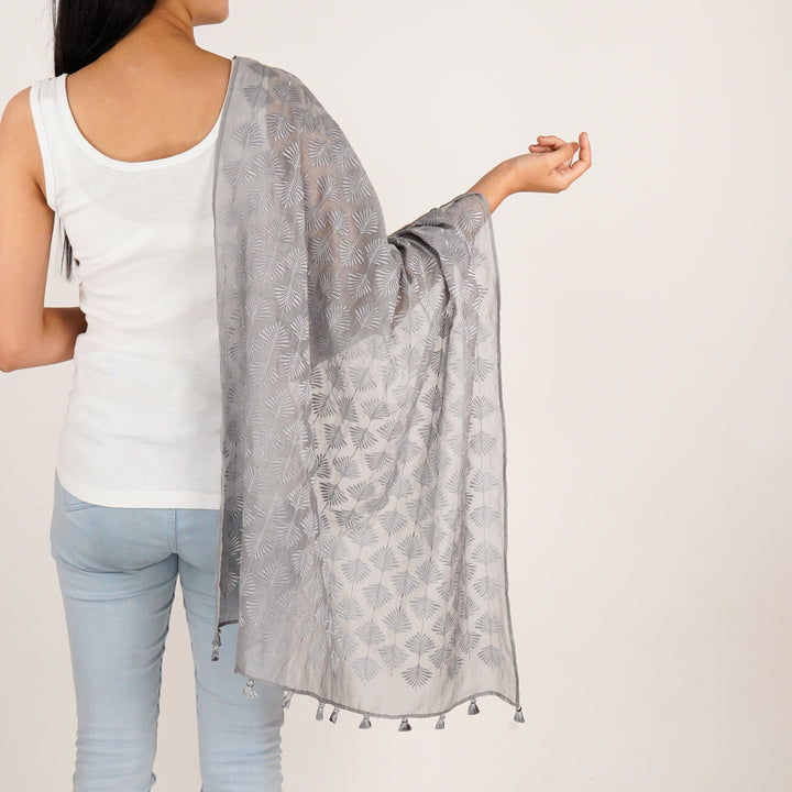 Zoey Embroidered Stole on Steel Grey Cotton Silk