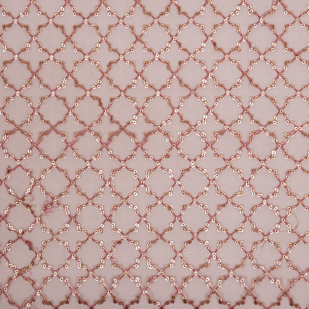 Gehena Sequins Jaal on Onion Pink Silk Organza Embroidered Fabric