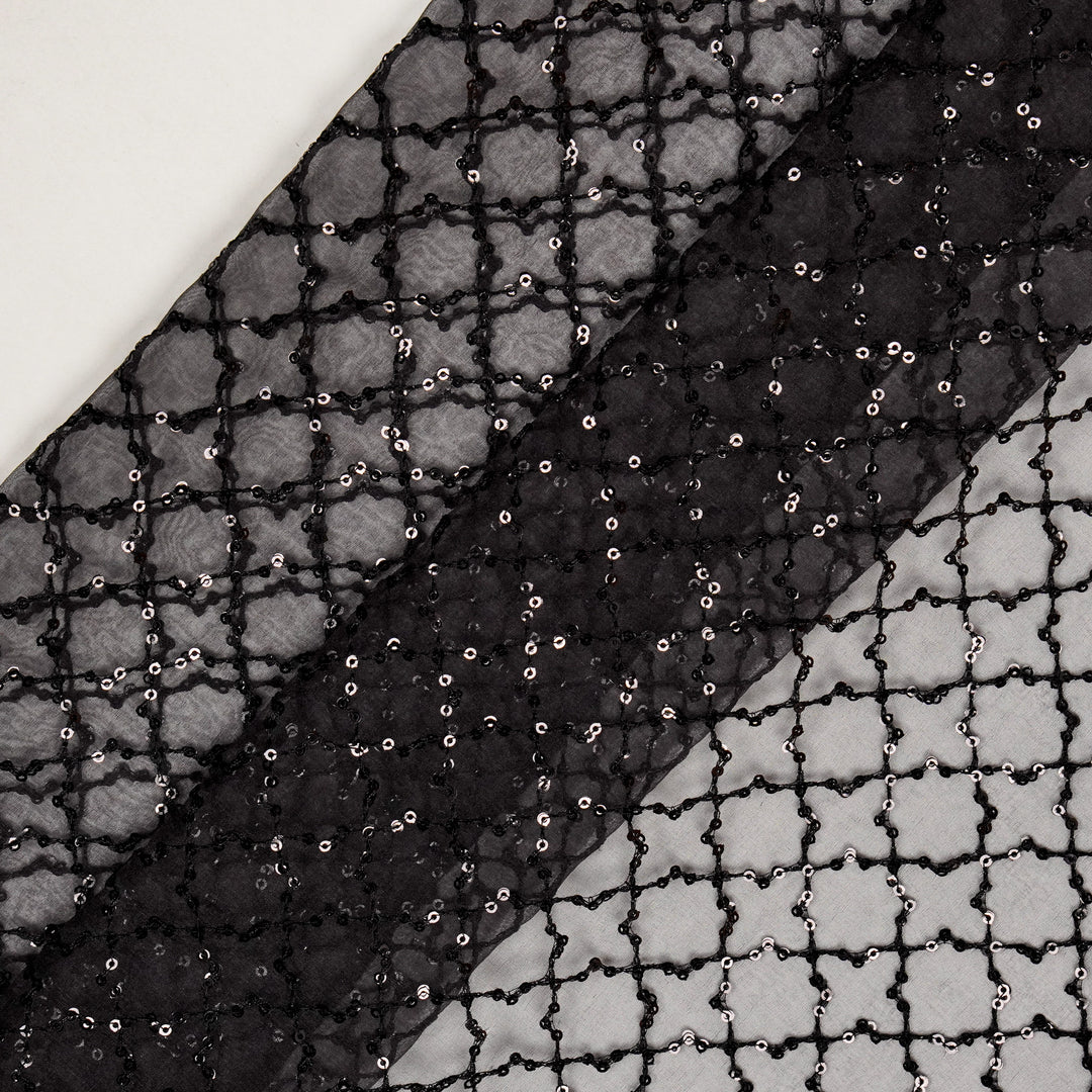 Gehena Sequins Jaal on Black Silk Organza Embroidered Fabric