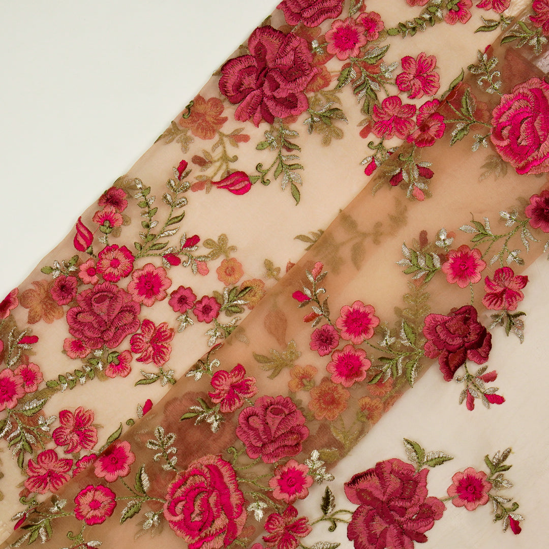 Mahaara Jaal on Peach Silk Organza Embroidered Fabric