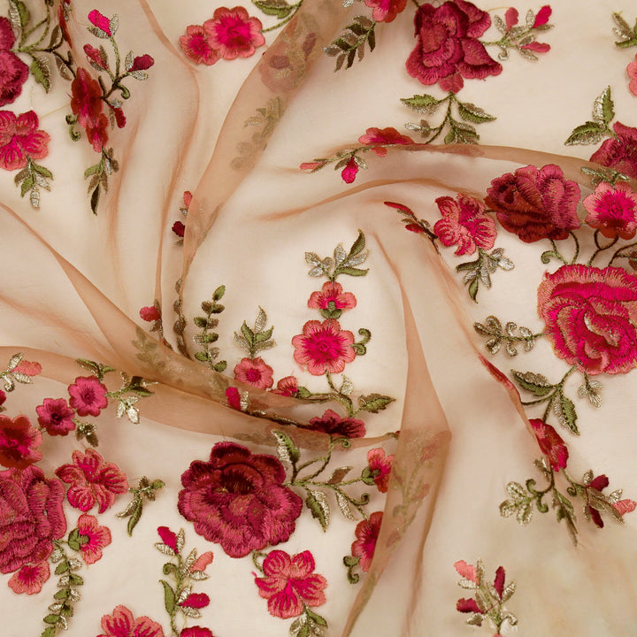 Mahaara Jaal on Peach Silk Organza Embroidered Fabric