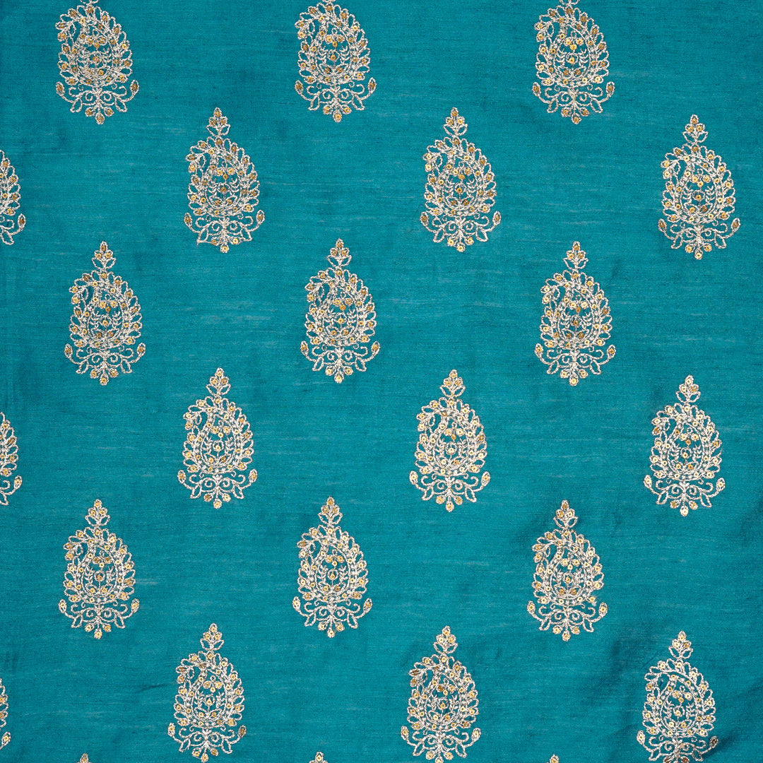 Chaitali Buta on Deep Turquoise Munga Silk Embroidered Fabric