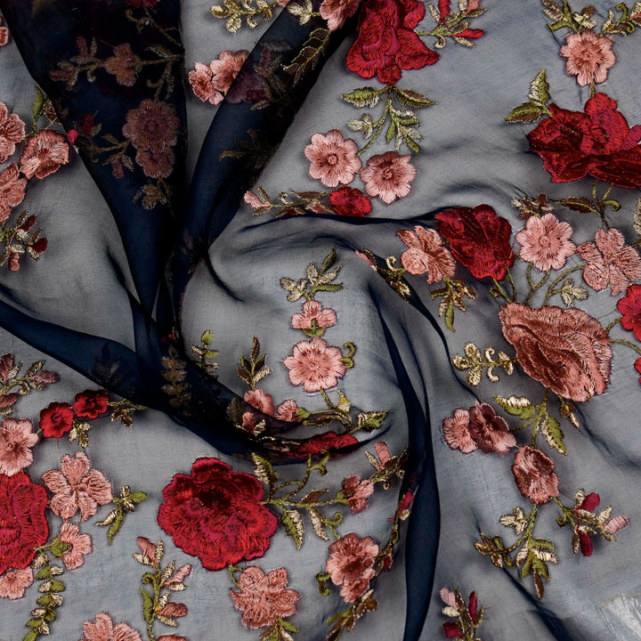 Mahaara Jaal on Navy Blue Silk Organza Embroidered Fabric