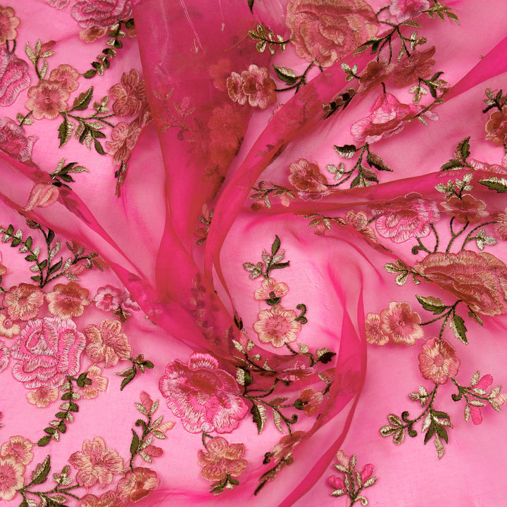 Mahaara Jaal on Fuxia Silk Organza Embroidered Fabric