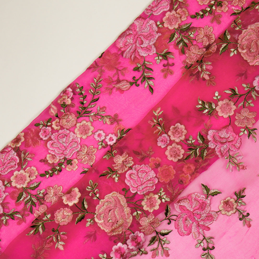 Mahaara Jaal on Fuxia Silk Organza Embroidered Fabric