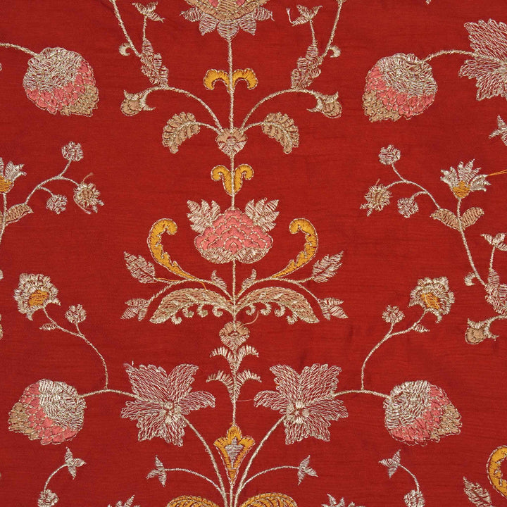 Devyani Jaal on Blood Red Semi Raw Silk Embroidered Fabric