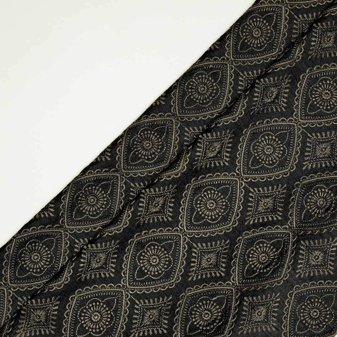 Zahab Jaal on Charcoal Munga Silk Embroidered Fabric