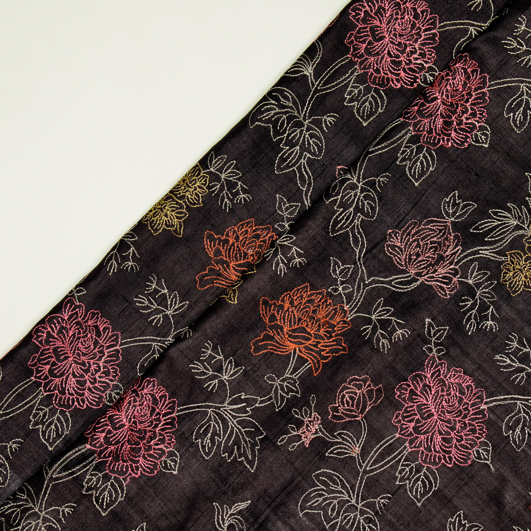 Fajra Jaal On Black Tussar Silk Embroidered Fabric