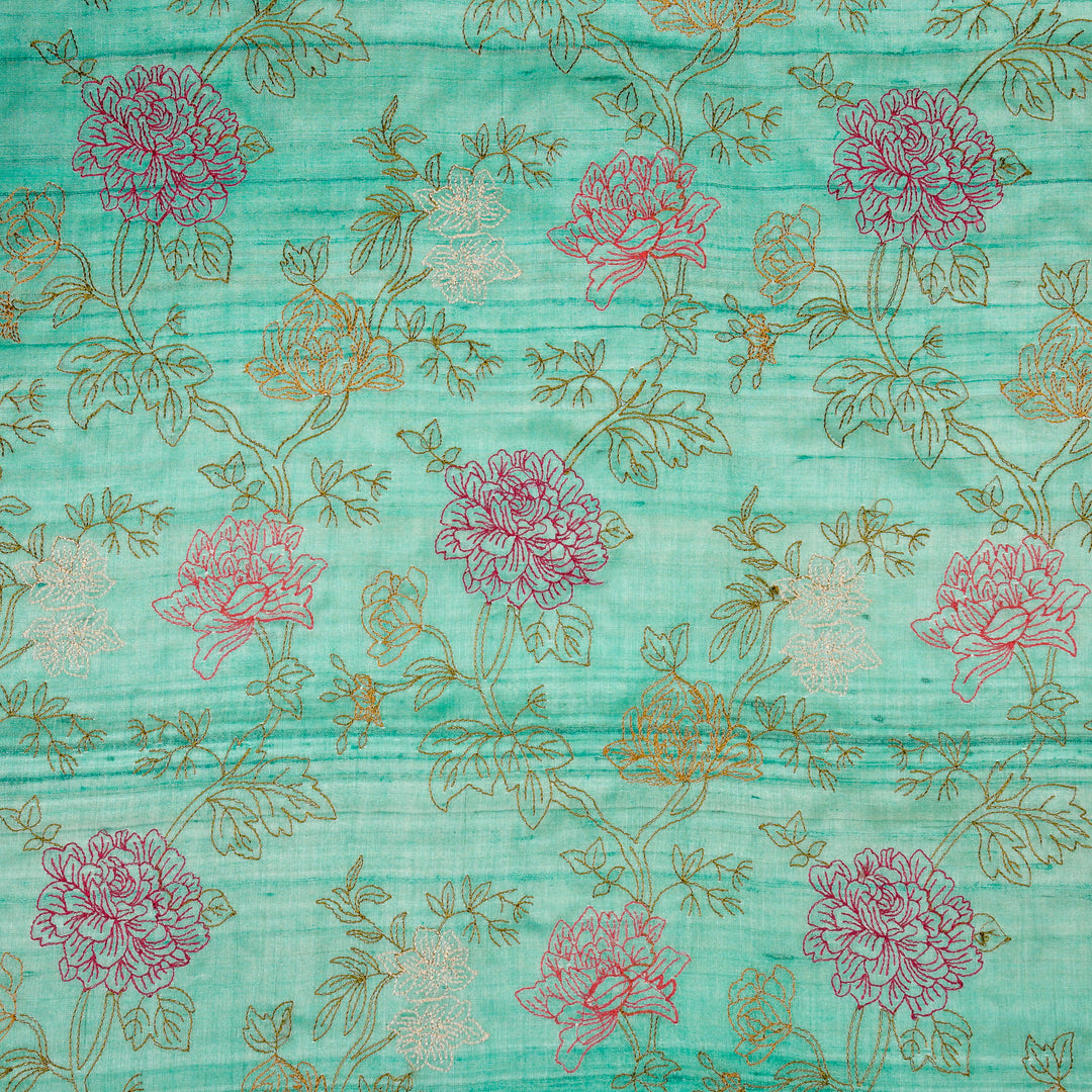 Fajra Jaal On Aqua Tussar Silk Embroidered Fabric