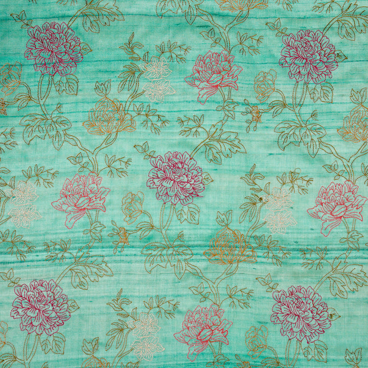 Fajra Jaal On Aqua Tussar Silk Embroidered Fabric
