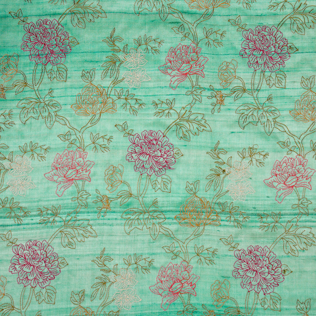 Fajra Jaal On Aqua Tussar Silk Embroidered Fabric