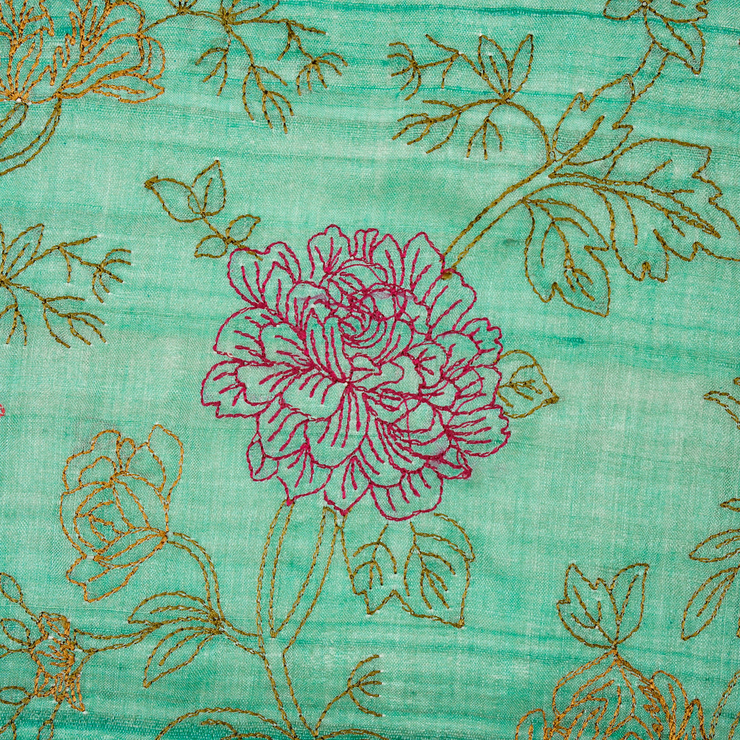 Fajra Jaal On Aqua Tussar Silk Embroidered Fabric
