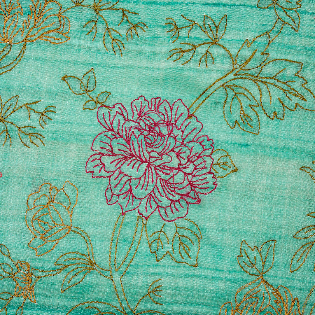 Fajra Jaal On Aqua Tussar Silk Embroidered Fabric