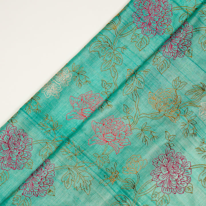 Fajra Jaal On Aqua Tussar Silk Embroidered Fabric