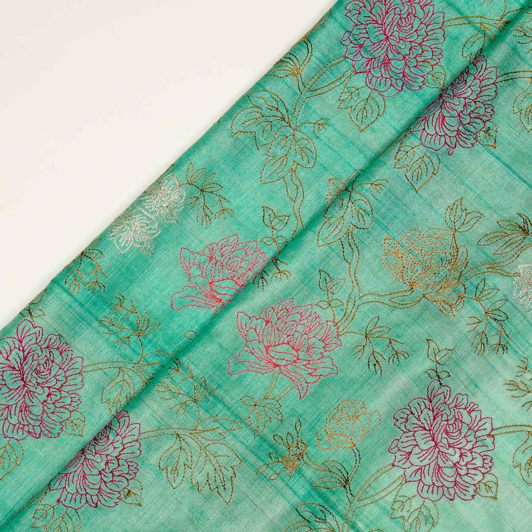 Fajra Jaal On Aqua Tussar Silk Embroidered Fabric
