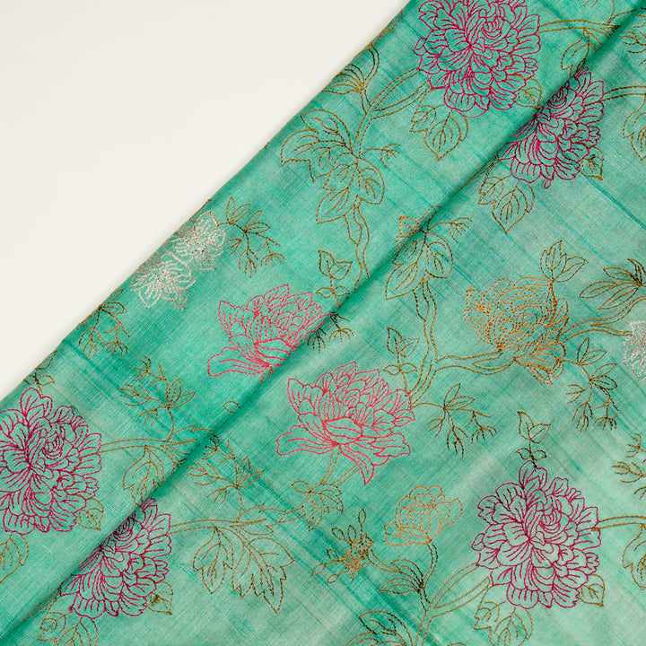Fajra Jaal On Aqua Tussar Silk Embroidered Fabric
