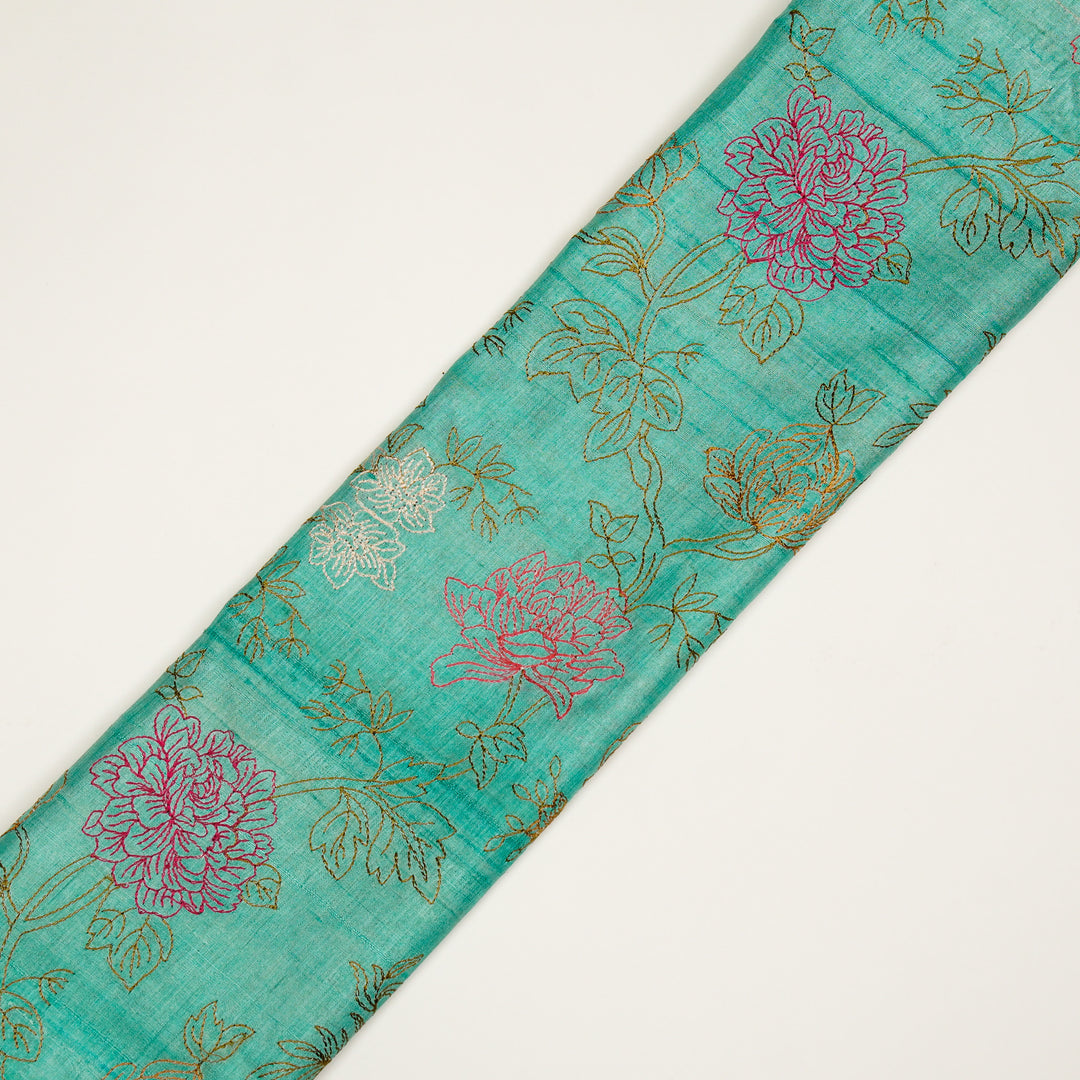 Fajra Jaal On Aqua Tussar Silk Embroidered Fabric