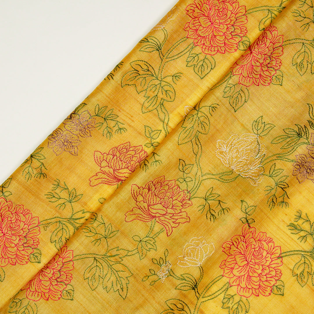 Fajra Jaal On Gold Tussar Silk Embroidered Fabric