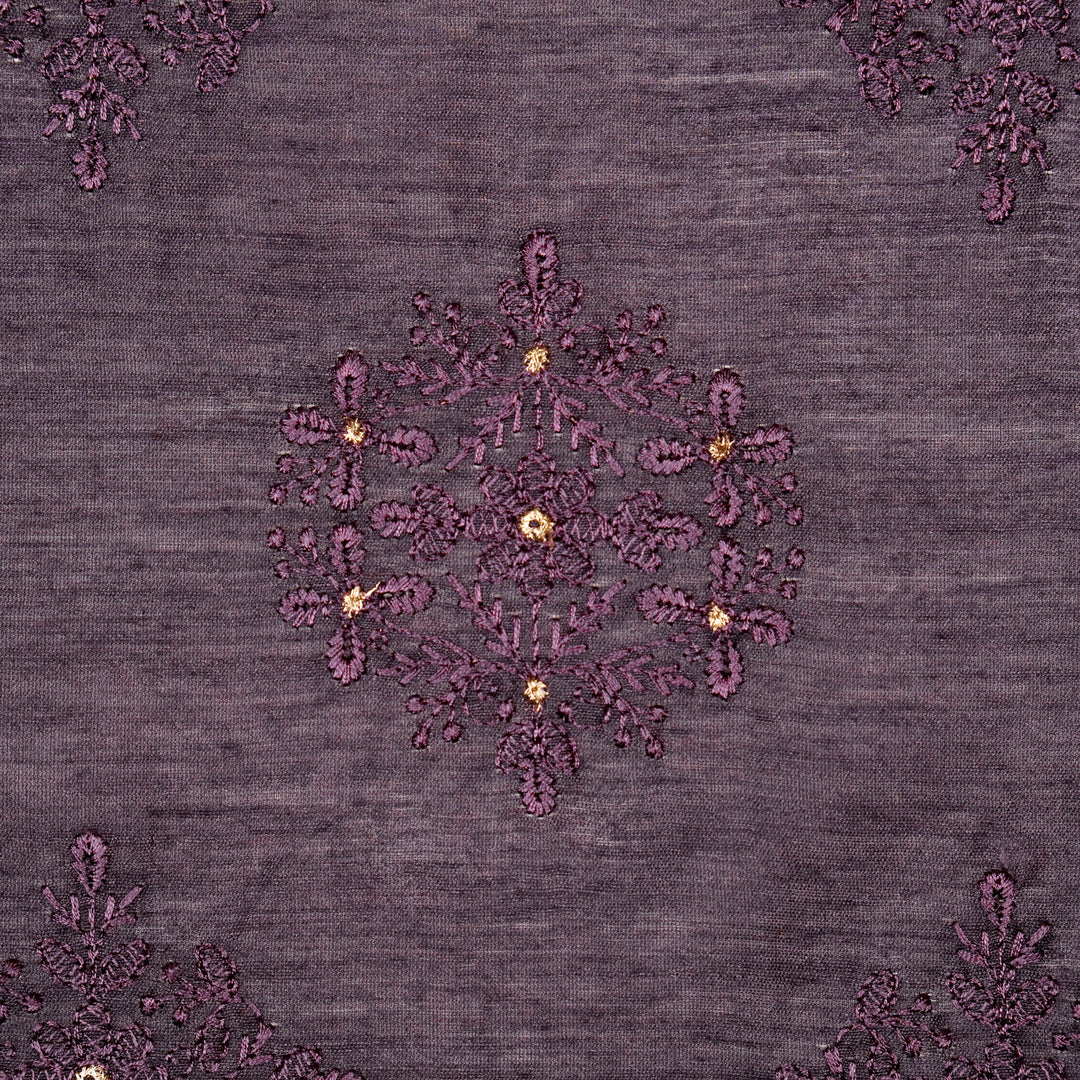 Raima Buta on Aubergine Munga Silk Embroidered Fabric