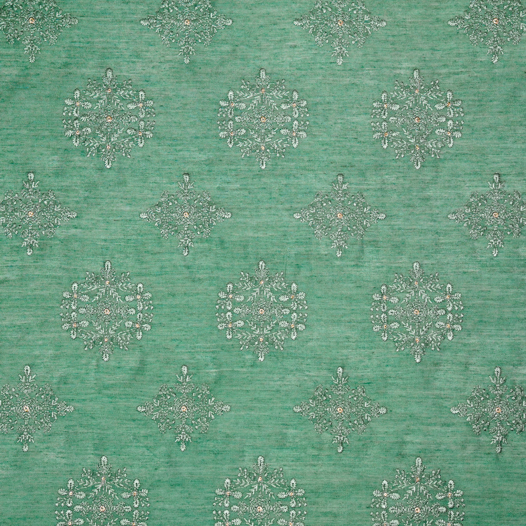 Raima Buta on Teal Munga Silk Embroidered Fabric