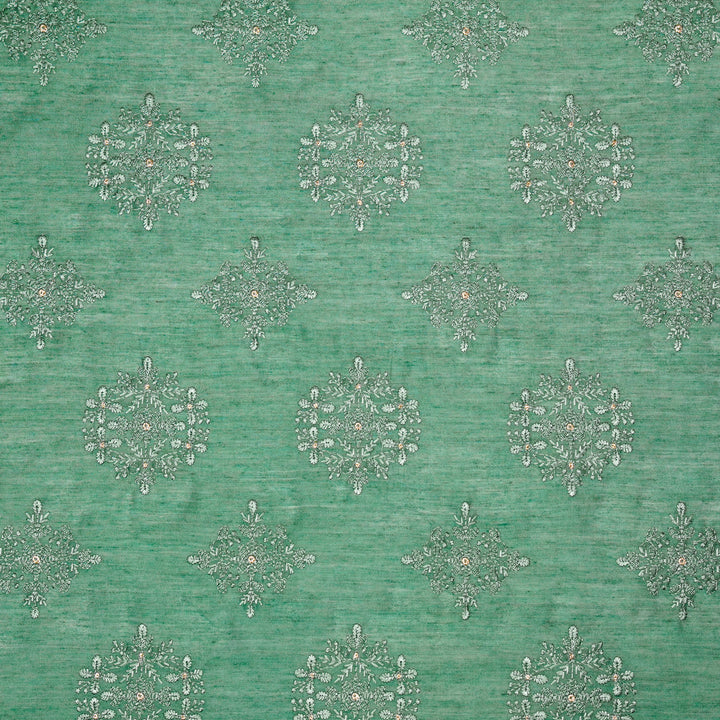 Raima Buta on Teal Munga Silk Embroidered Fabric
