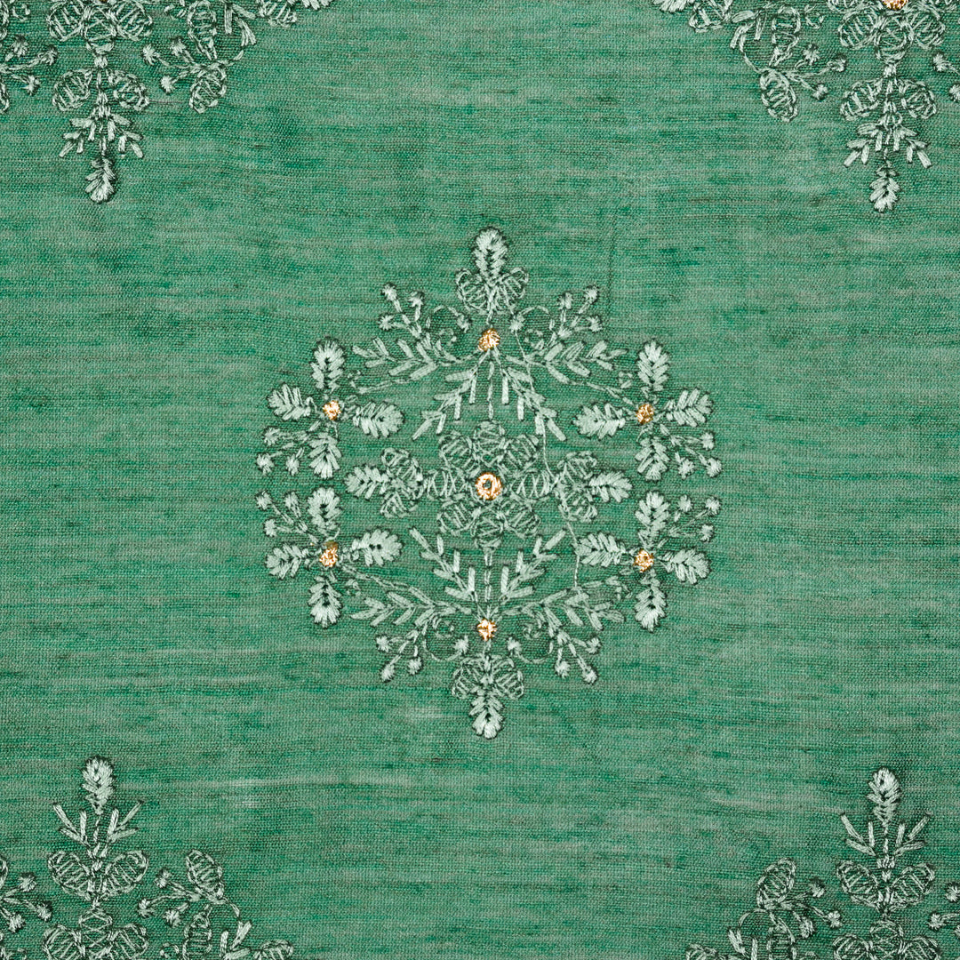 Raima Buta on Teal Munga Silk Embroidered Fabric