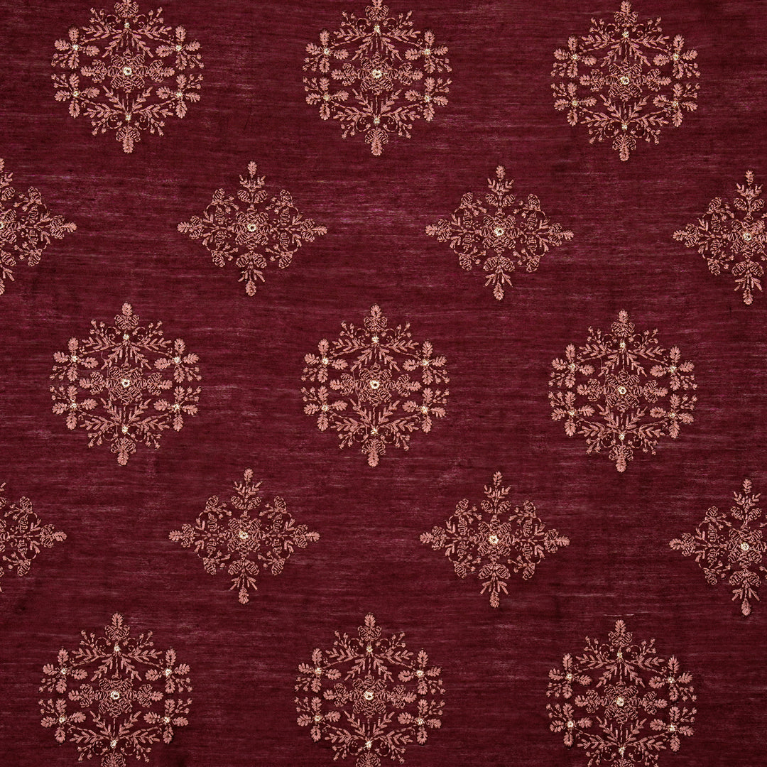 Raima Buta on Dark Magenta Munga Silk Embroidered Fabric