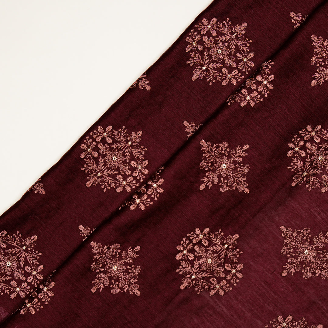 Raima Buta on Dark Magenta Munga Silk Embroidered Fabric