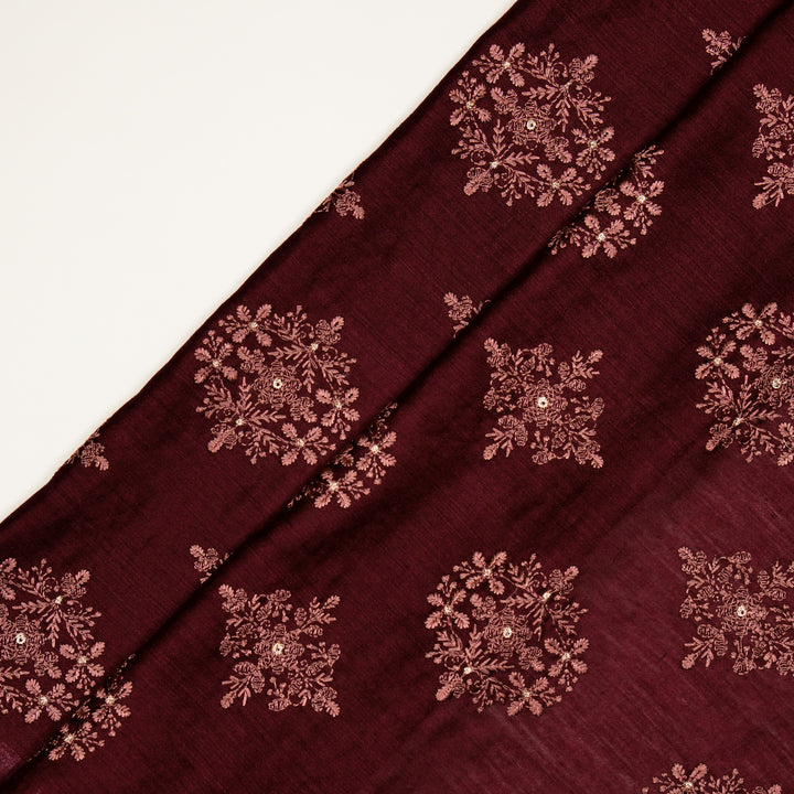 Raima Buta on Dark Magenta Munga Silk Embroidered Fabric