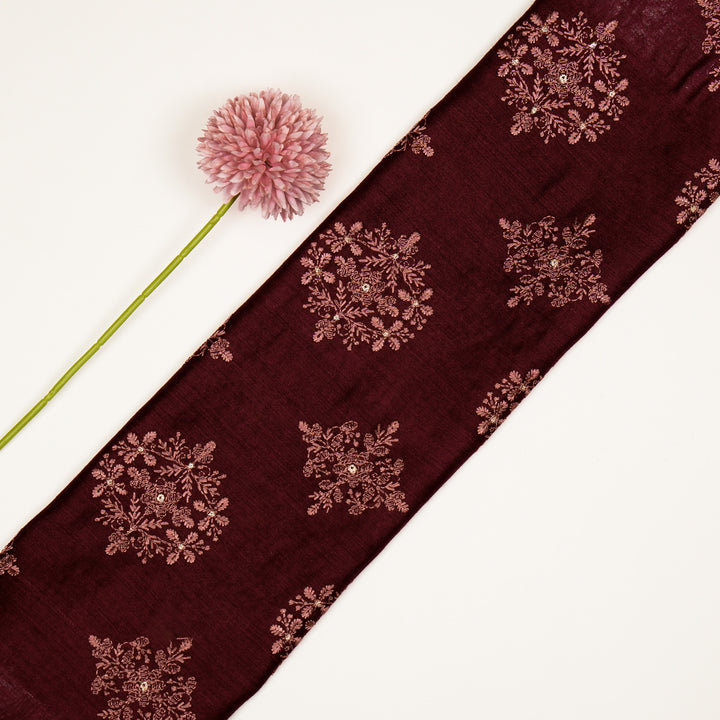 Raima Buta on Dark Magenta Munga Silk Embroidered Fabric