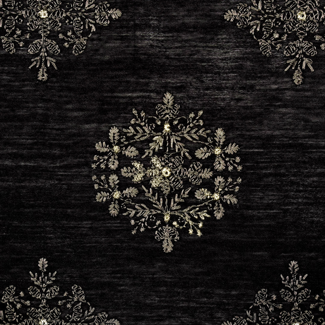 Raima Buta on Black Munga Silk Embroidered Fabric