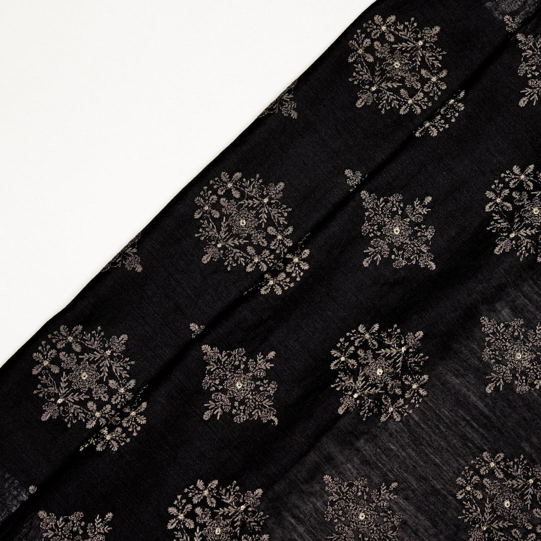 Raima Buta on Black Munga Silk Embroidered Fabric