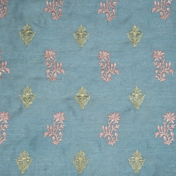 Reeha Buta on Sky Blue Munga Silk Embroidered Fabric