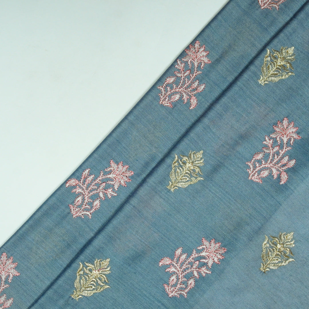 Reeha Buta on Sky Blue Munga Silk Embroidered Fabric