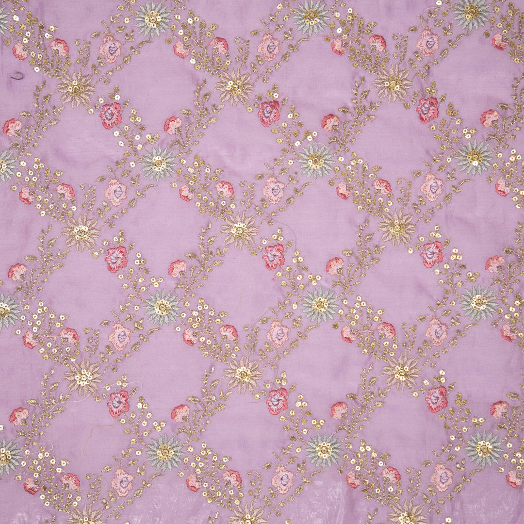 Lilac Silk Chanderi Meher Jaal Embroidered Fabric