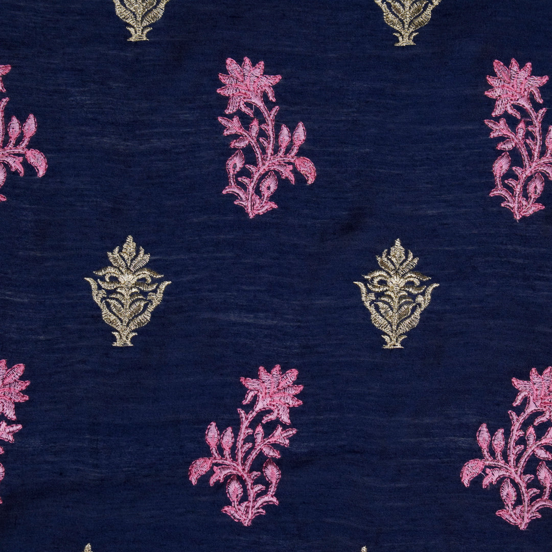 Reeha Buta on Navy Blue Munga Silk Embroidered Fabric