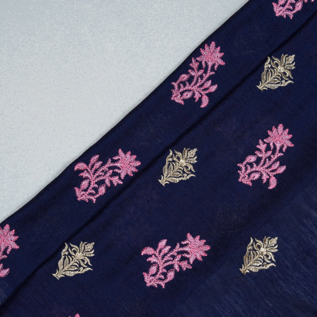 Reeha Buta on Navy Blue Munga Silk Embroidered Fabric