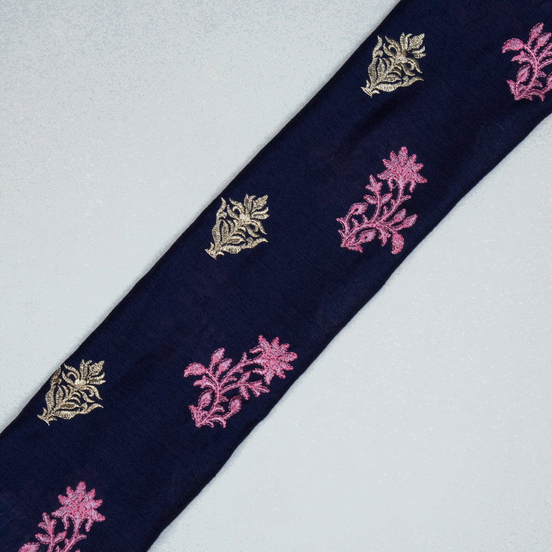 Reeha Buta on Navy Blue Munga Silk Embroidered Fabric