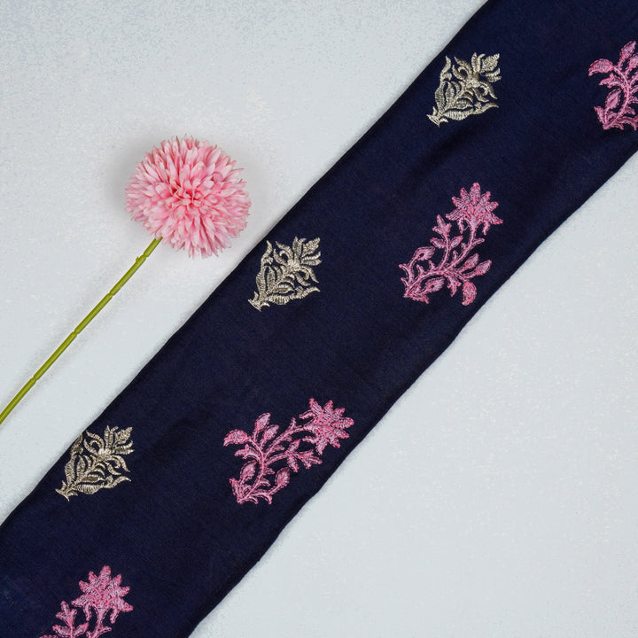 Reeha Buta on Navy Blue Munga Silk Embroidered Fabric