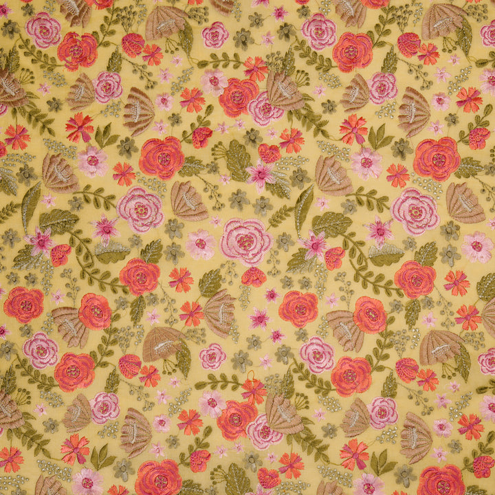 Waha Jaal on Light Lemon Silk Chanderi Embroidered Fabric