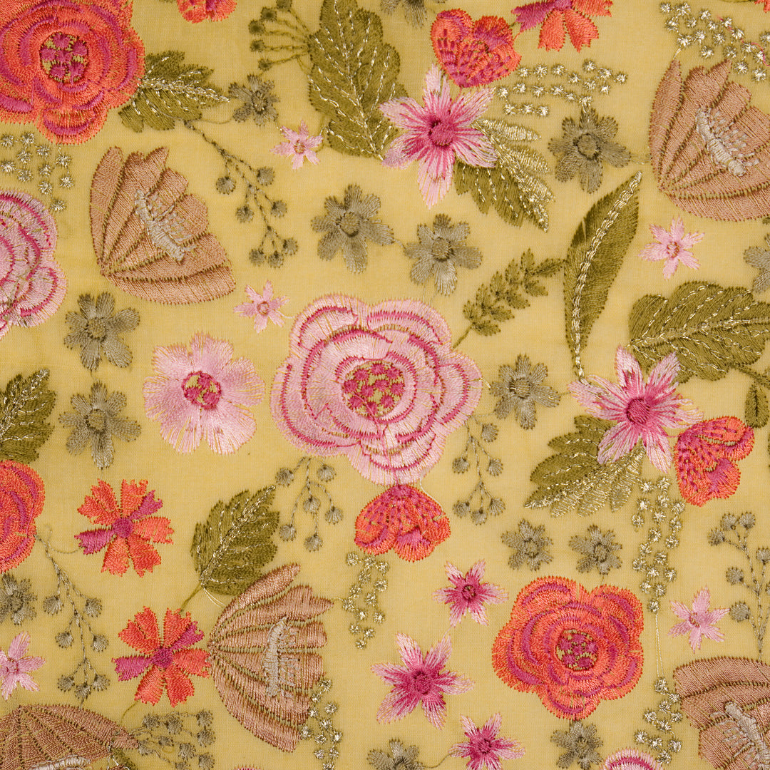 Waha Jaal on Light Lemon Silk Chanderi Embroidered Fabric