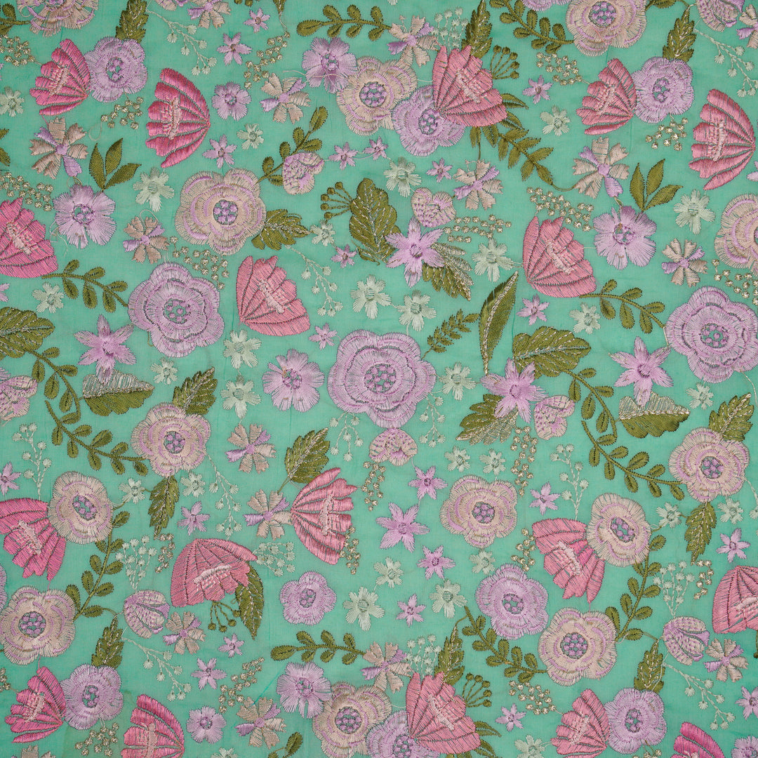 Waha Jaal on Aqua Silk Chanderi Embroidered Fabric