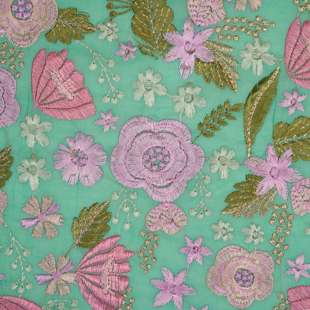 Waha Jaal on Aqua Silk Chanderi Embroidered Fabric
